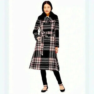 Kate Spade Wool Coat Plaid Belted Long Fur Collar Trim Pink Double Breasted 0 XS